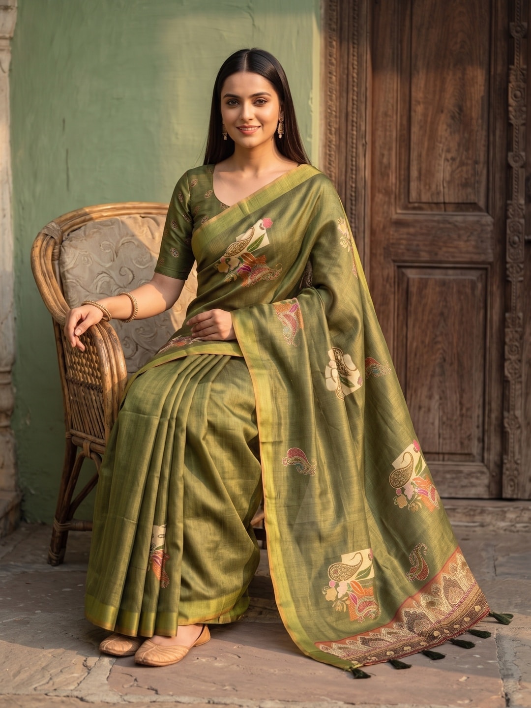 Peachmode Olive Erode Silk Digital Print Saree With Aari Work And Tassels - Image 5