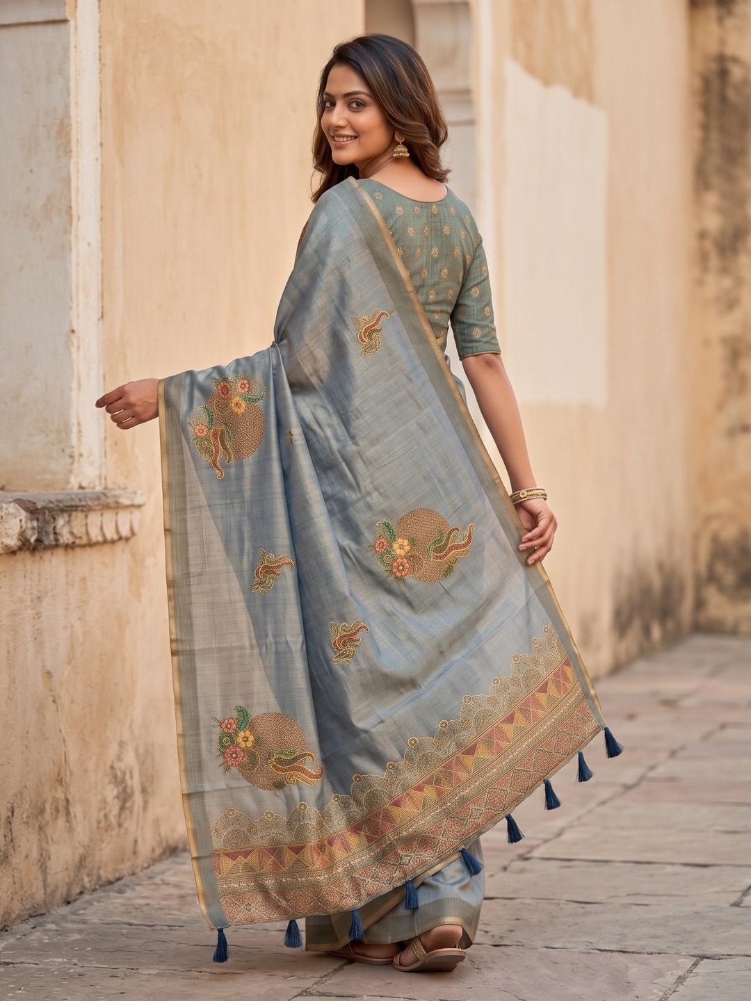 Peachmode Grey Erode Silk Digital Print Saree With Aari Work And Tassels - Image 4