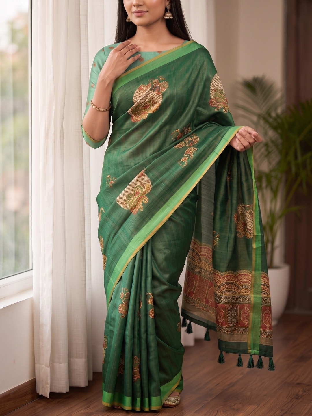 Peachmode Green Floral Patch Erode Silk Digital Print Saree With Aari Work And Tassels - Image 3