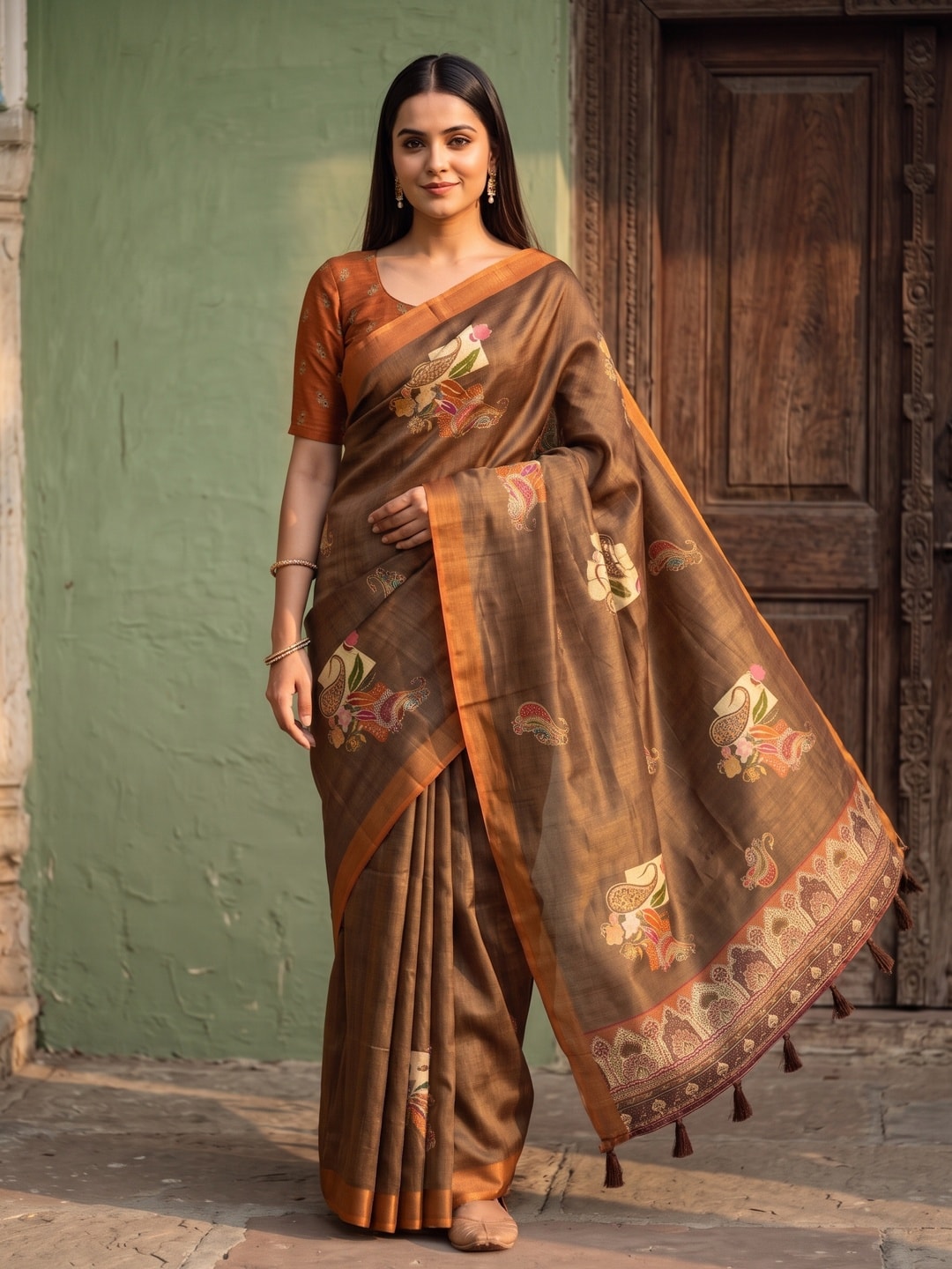 Peachmode Brown Paisley Patch Erode Silk Digital Print Saree With Aari Work And Tassels - Image 1