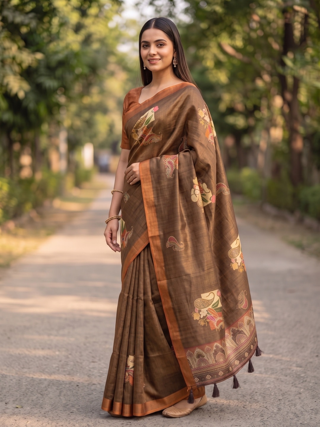 Peachmode Brown Paisley Patch Erode Silk Digital Print Saree With Aari Work And Tassels - Image 2