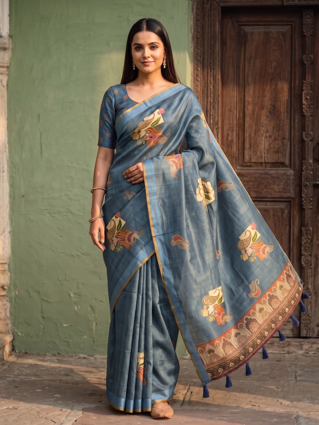Peachmode Blue Paisley Patch Erode Silk Digital Print Saree With Aari Work And Tassels - Image 1