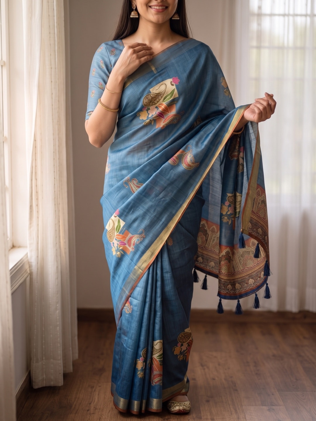 Peachmode Blue Paisley Patch Erode Silk Digital Print Saree With Aari Work And Tassels - Image 3