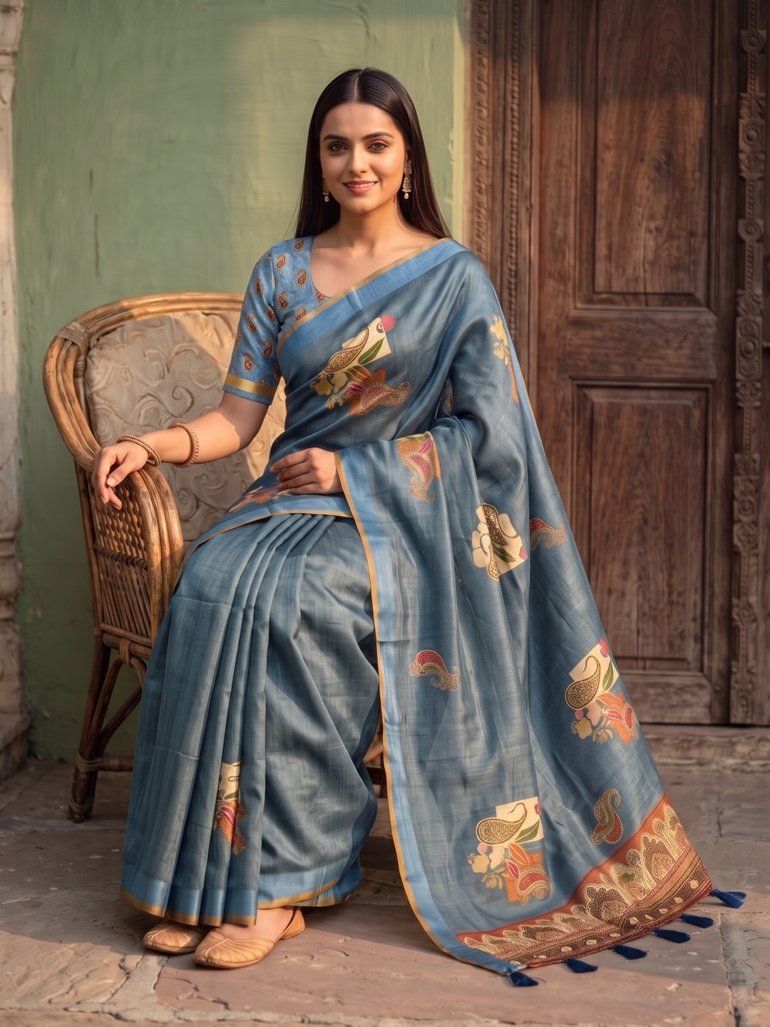 Peachmode Blue Paisley Patch Erode Silk Digital Print Saree With Aari Work And Tassels - Image 5
