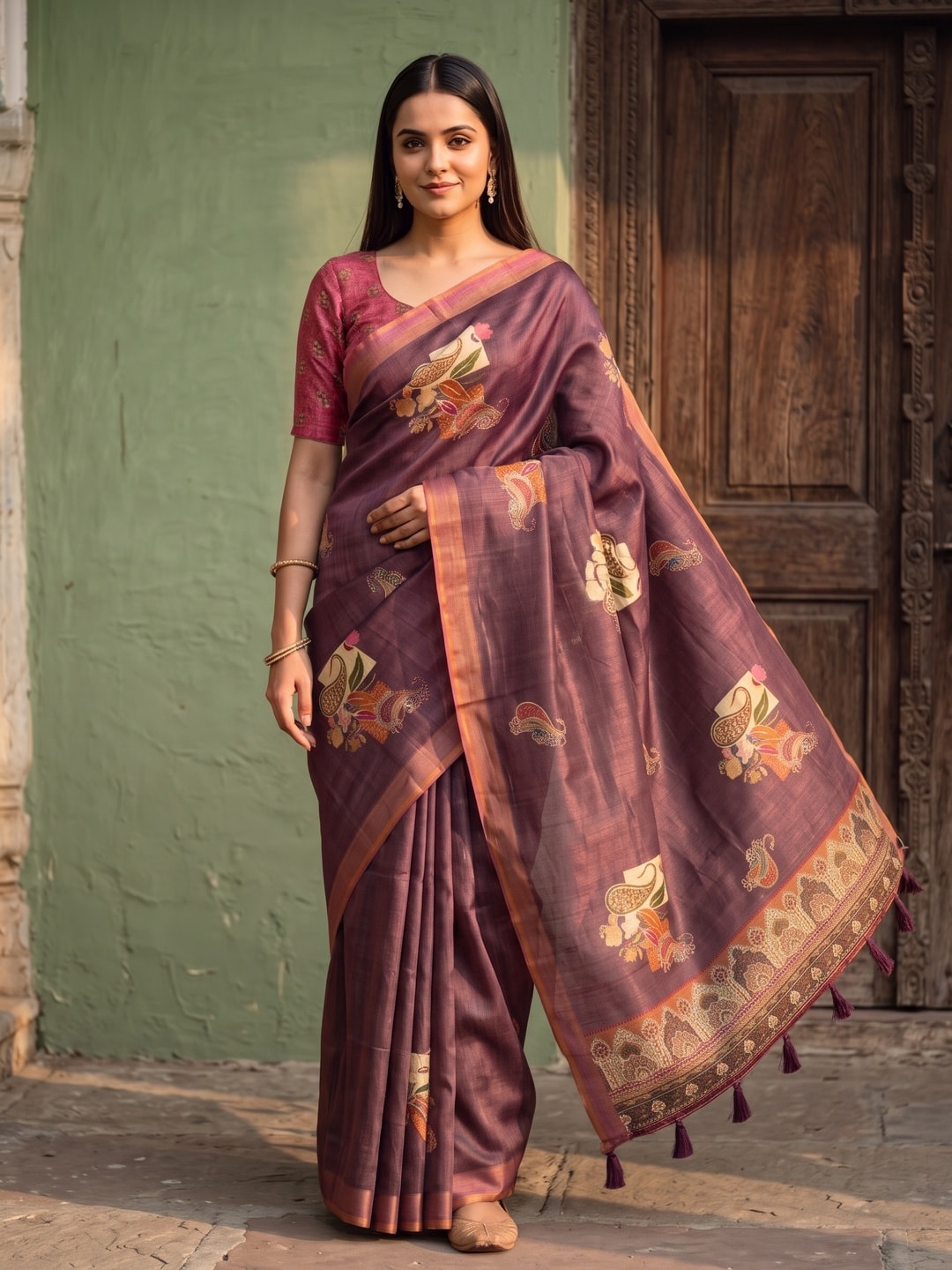 Peachmode Wine Paisley Patch Erode Silk Digital Print Saree With Aari Work And Tassels - Image 1