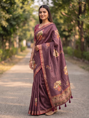 Peachmode Wine Paisley Patch Erode Silk Digital Print Saree With Aari Work And Tassels - Image 2