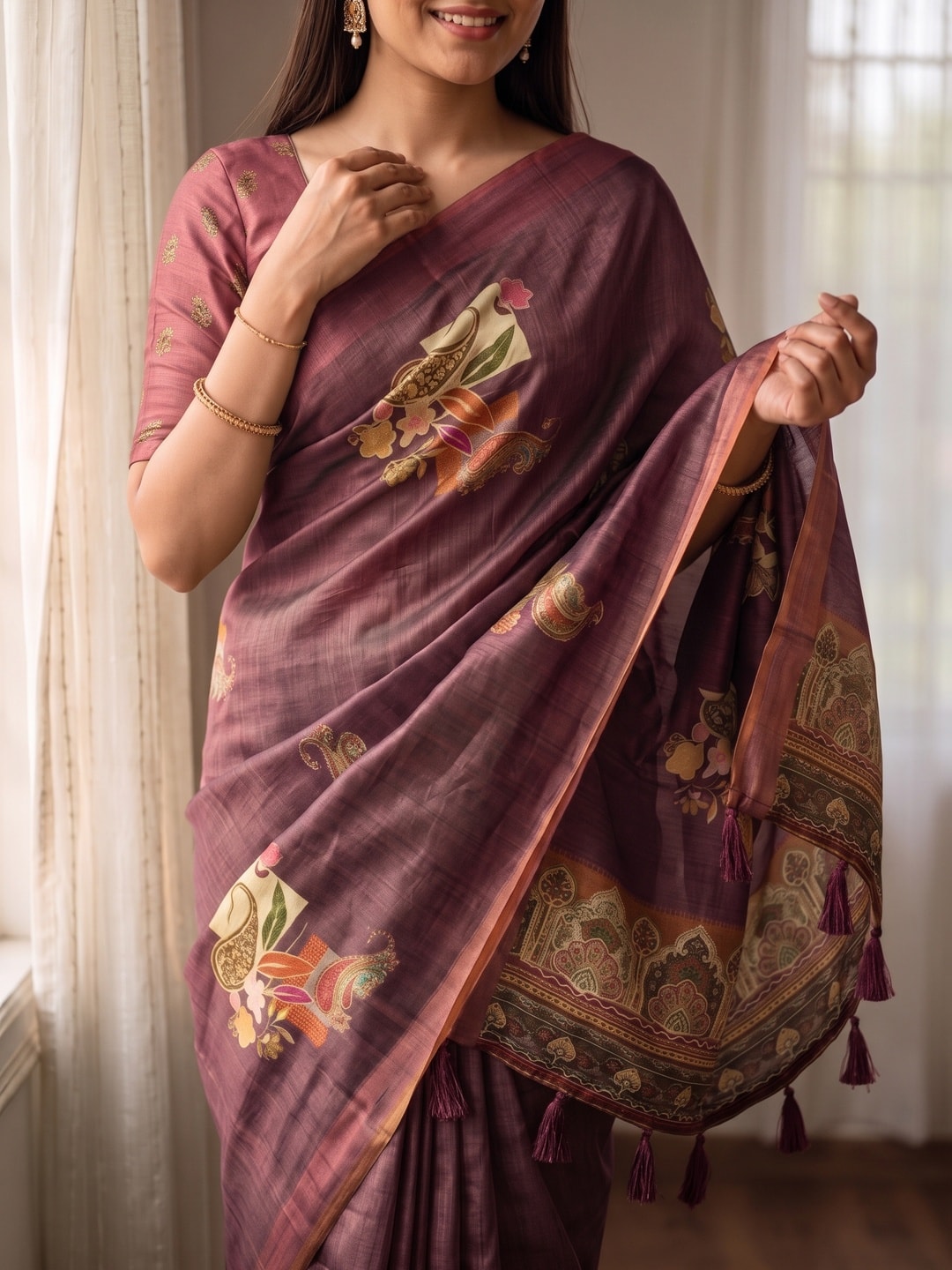 Peachmode Wine Paisley Patch Erode Silk Digital Print Saree With Aari Work And Tassels - Image 3