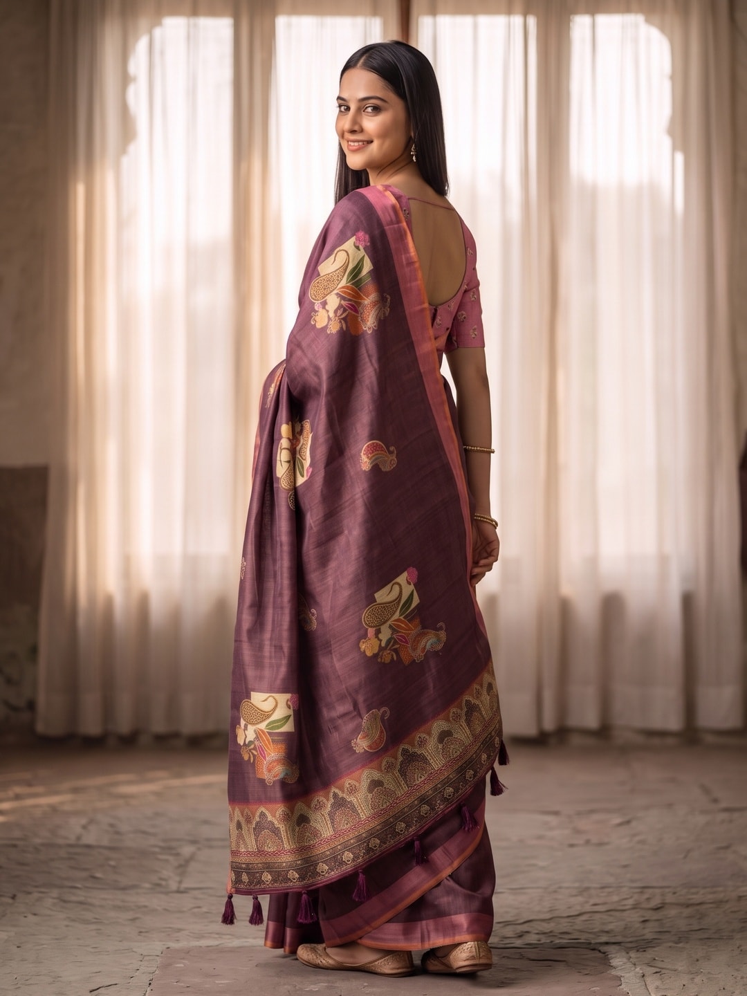 Peachmode Wine Paisley Patch Erode Silk Digital Print Saree With Aari Work And Tassels - Image 4