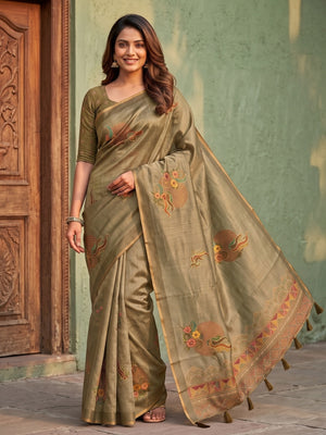 Peachmode Khaki Sprig Motif Erode Silk Digital Print Saree With Aari Work And Tassels - Image 1