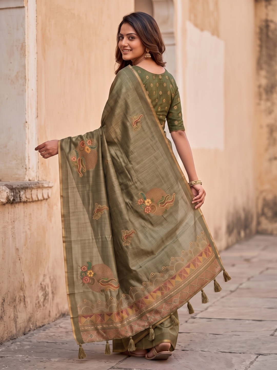 Peachmode Khaki Sprig Motif Erode Silk Digital Print Saree With Aari Work And Tassels - Image 4
