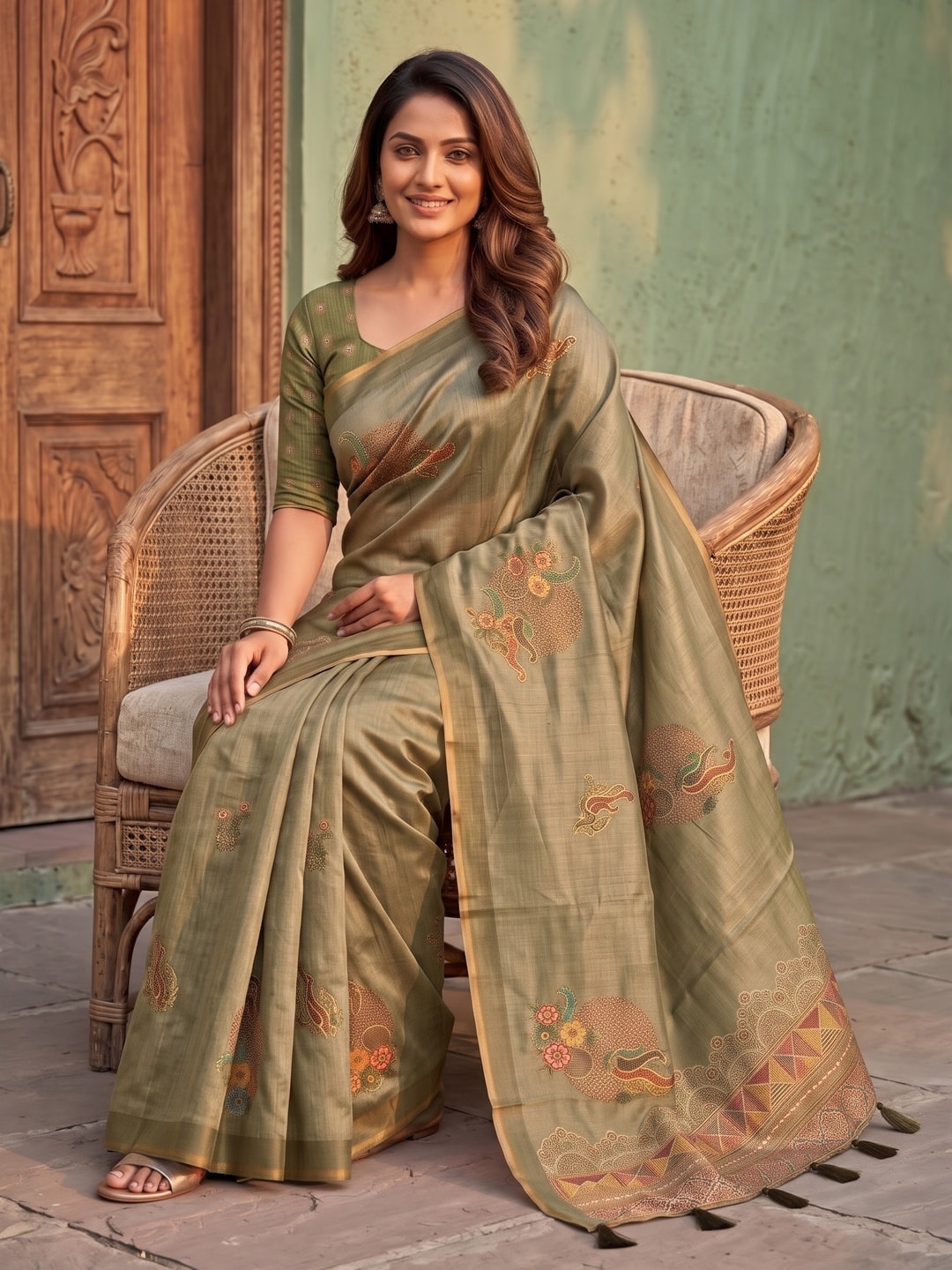 Peachmode Khaki Sprig Motif Erode Silk Digital Print Saree With Aari Work And Tassels - Image 5