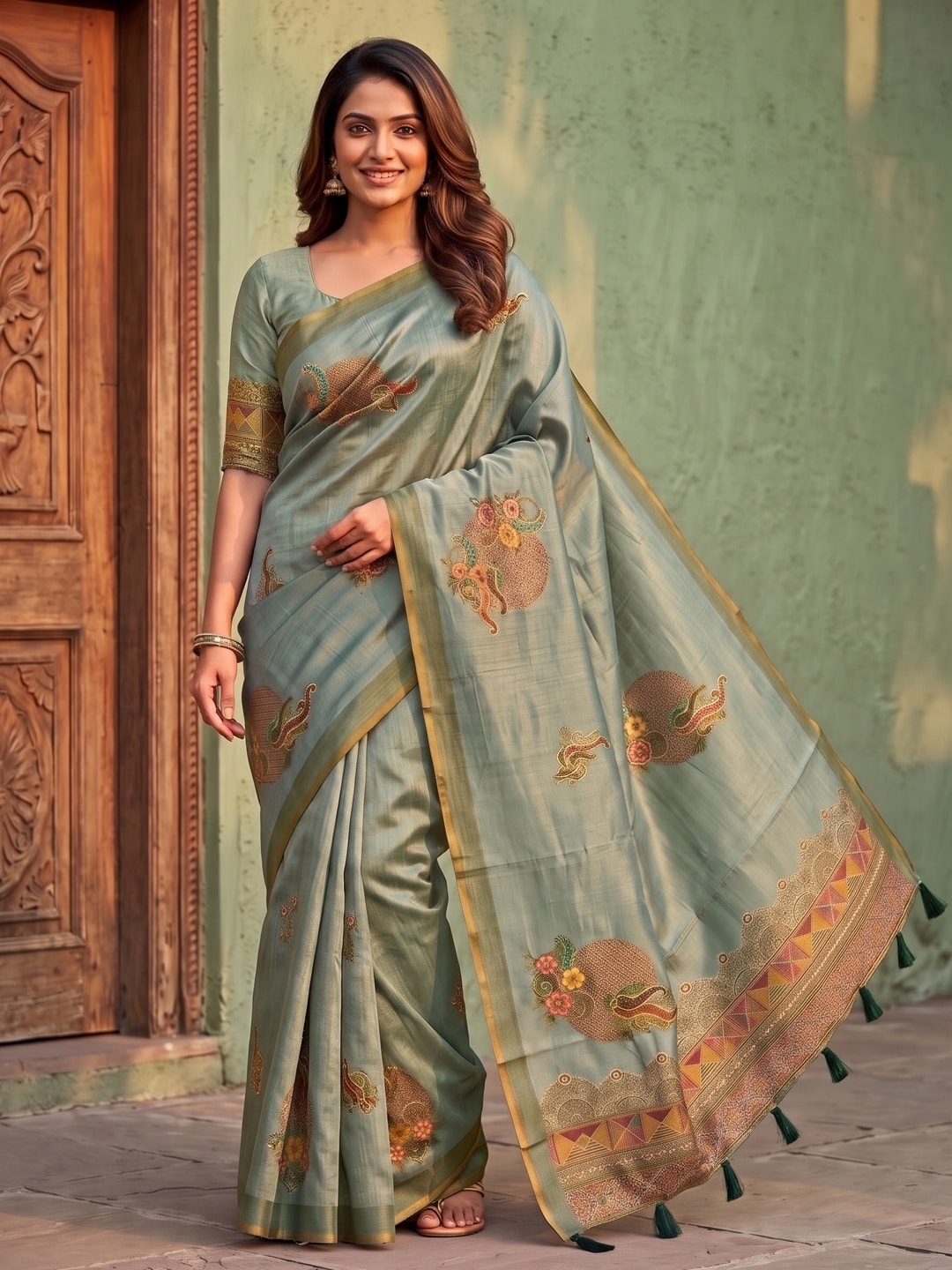 Peachmode Sage Green Sprig Motif Erode Silk Digital Print Saree With Aari Work And Tassels - Image 1