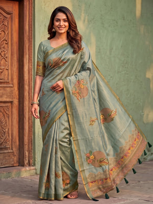 Peachmode Sage Green Sprig Motif Erode Silk Digital Print Saree With Aari Work And Tassels - Image 1