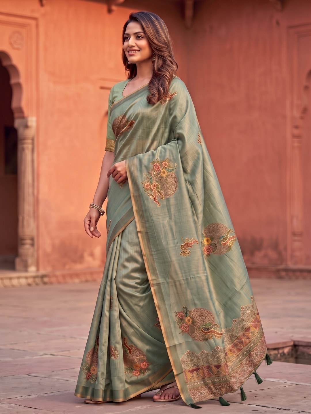 Peachmode Sage Green Sprig Motif Erode Silk Digital Print Saree With Aari Work And Tassels - Image 2