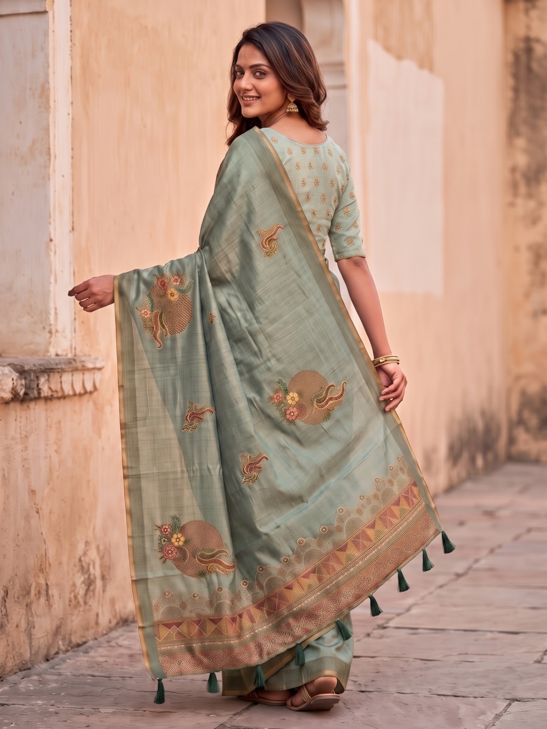 Peachmode Sage Green Sprig Motif Erode Silk Digital Print Saree With Aari Work And Tassels - Image 4