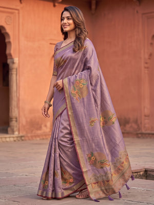 Peachmode Lavender Sprig Motif Erode Silk Digital Print Saree With Aari Work And Tassels - Image 2