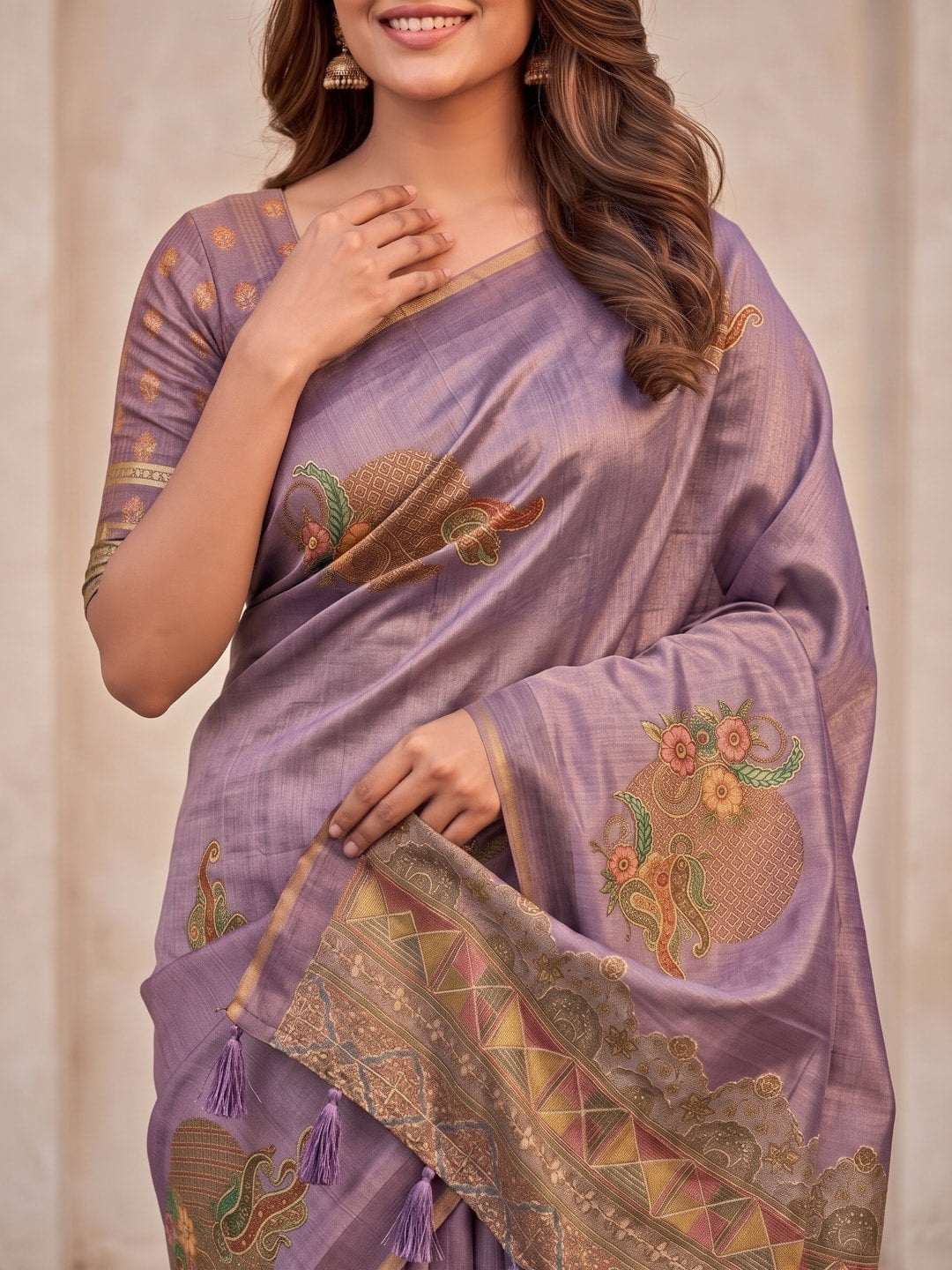 Peachmode Lavender Sprig Motif Erode Silk Digital Print Saree With Aari Work And Tassels - Image 3