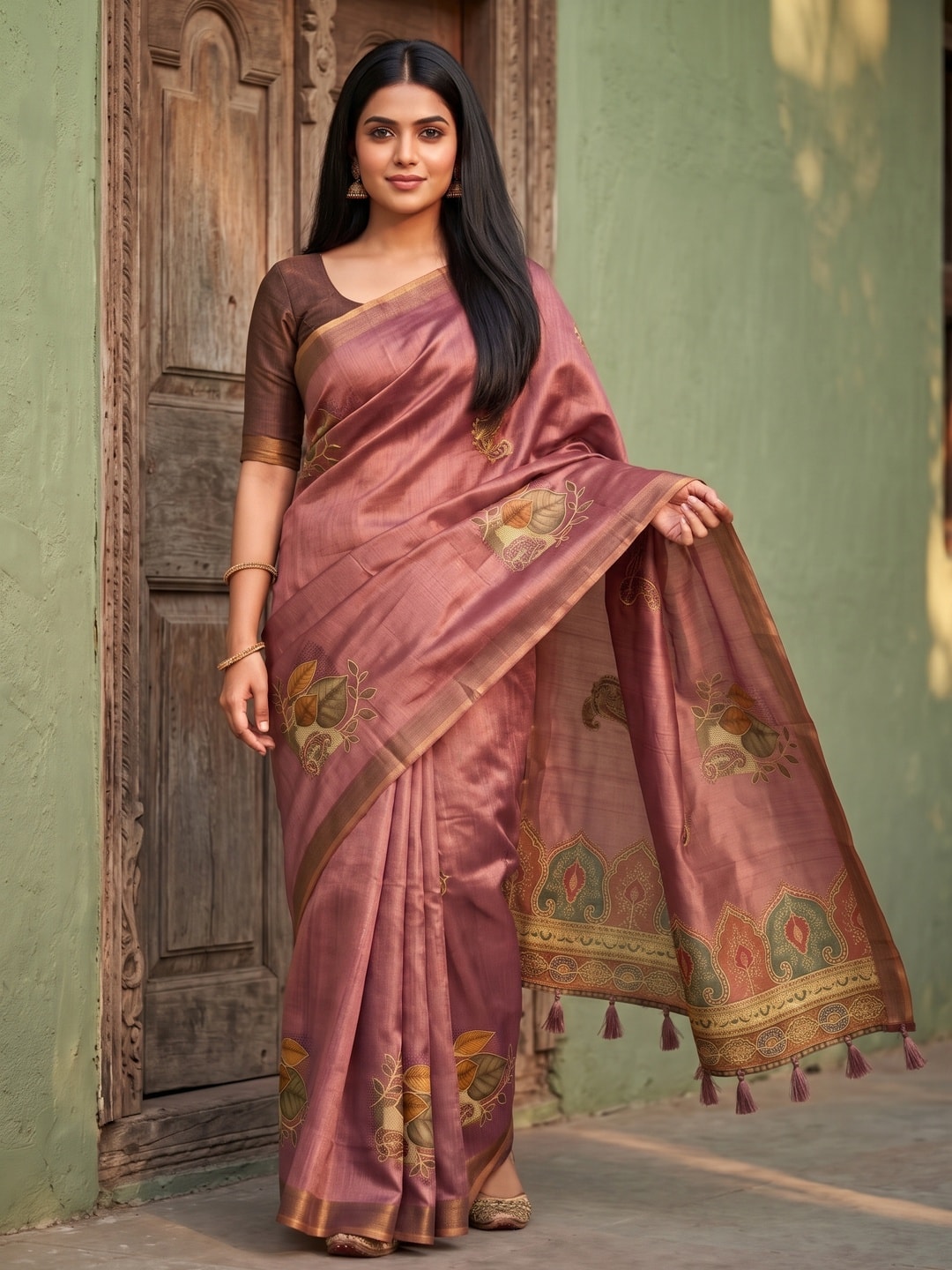 Peachmode Mauve Fruit Patch Erode Silk Digital Print Saree With Aari Work And Tassels - Image 1