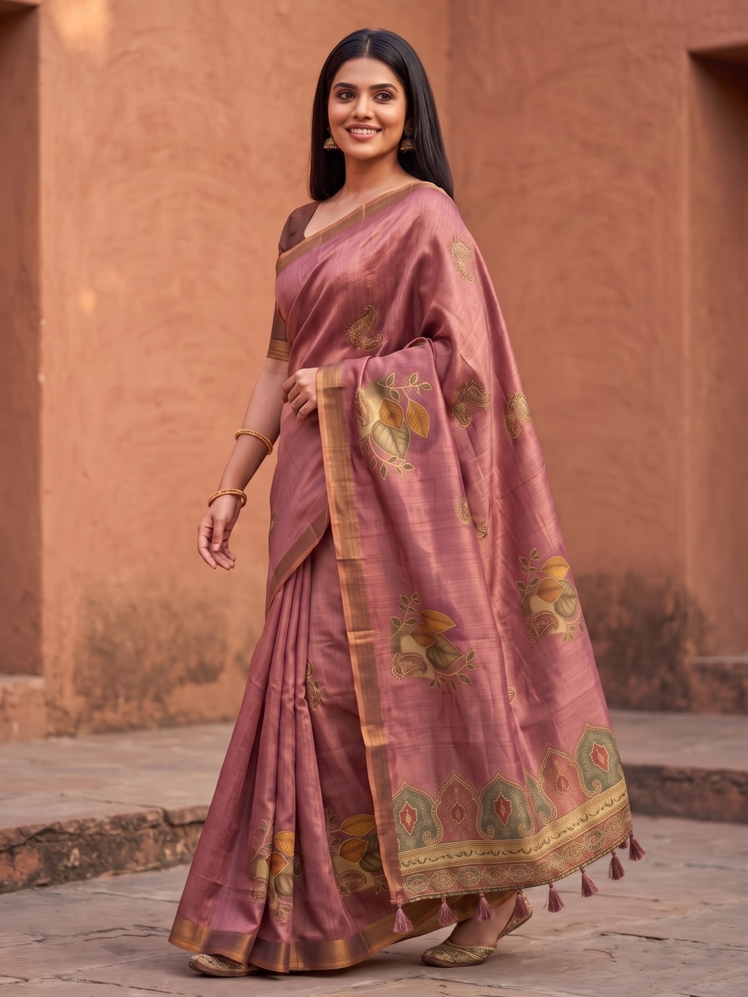 Peachmode Mauve Fruit Patch Erode Silk Digital Print Saree With Aari Work And Tassels - Image 2