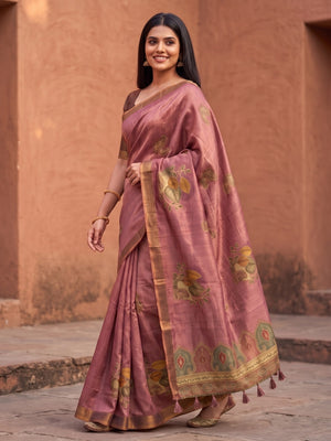 Peachmode Mauve Fruit Patch Erode Silk Digital Print Saree With Aari Work And Tassels - Image 2