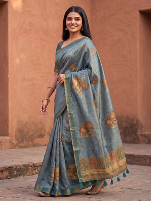 Peachmode Steel Blue Fruit Patch Erode Silk Digital Print Saree With Aari Work And Tassels - Image 2