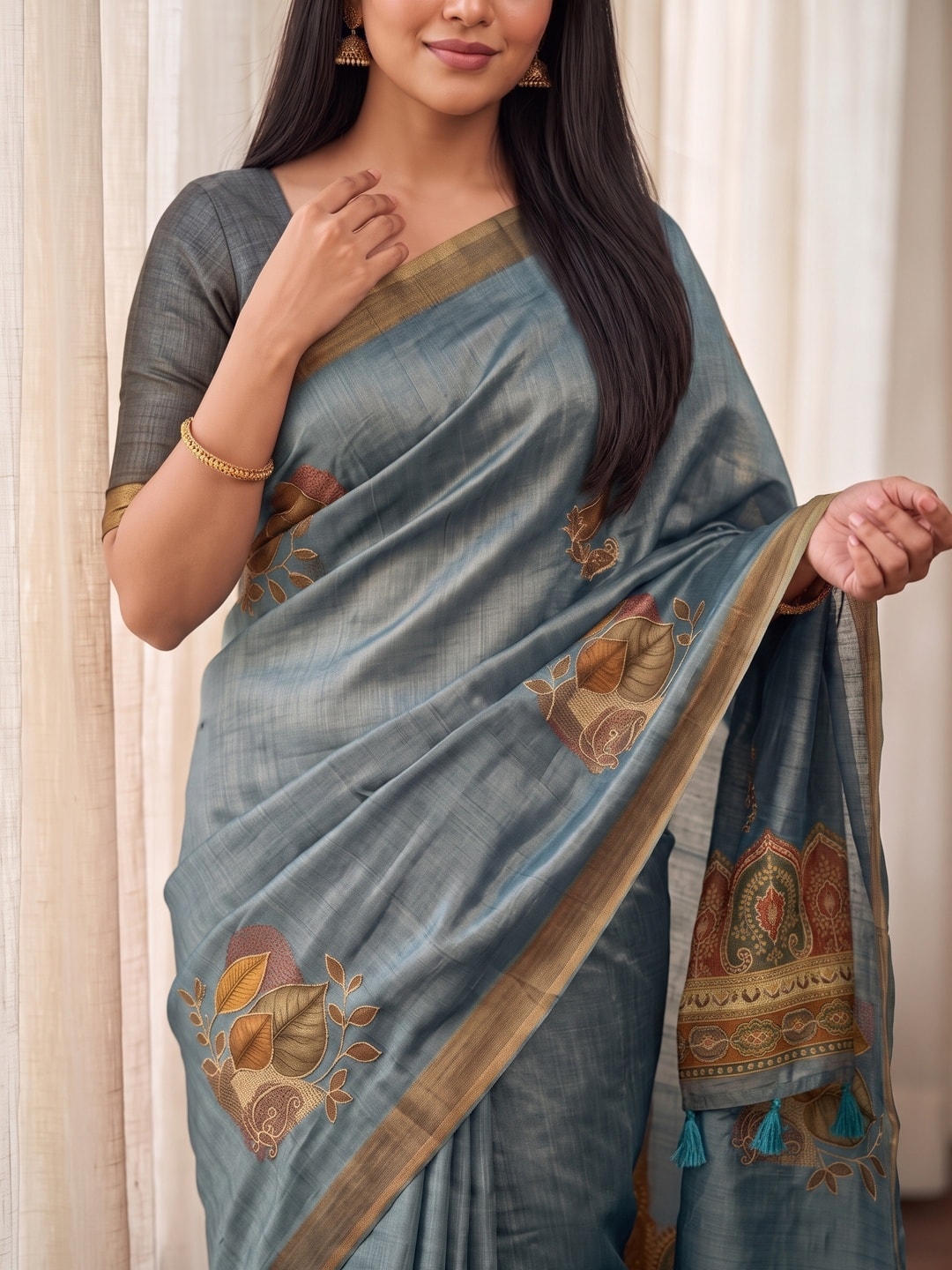 Peachmode Steel Blue Fruit Patch Erode Silk Digital Print Saree With Aari Work And Tassels - Image 3