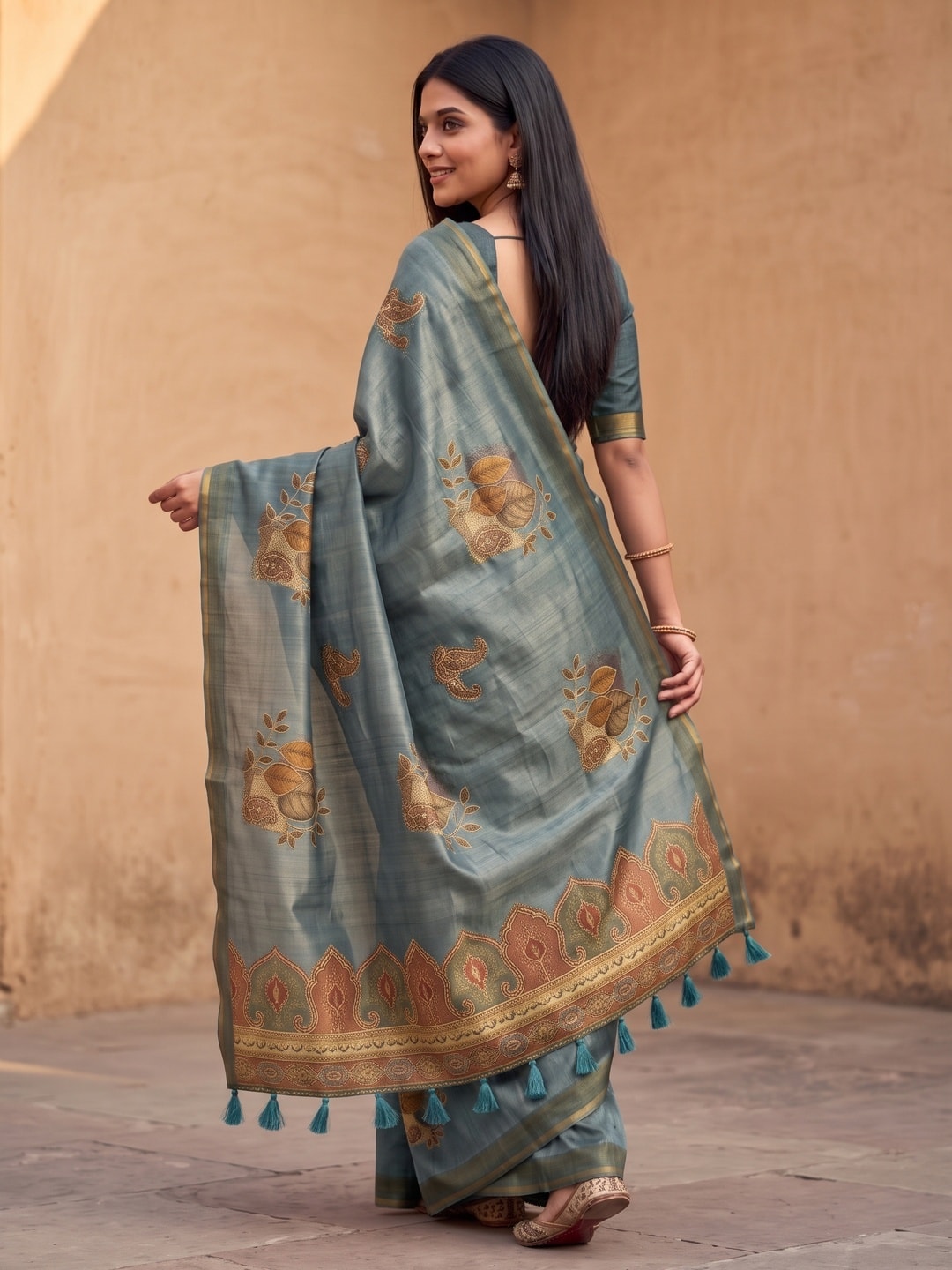 Peachmode Steel Blue Fruit Patch Erode Silk Digital Print Saree With Aari Work And Tassels - Image 4
