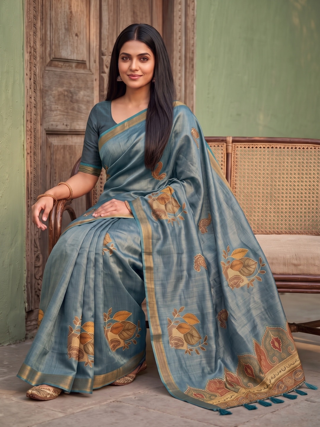 Peachmode Steel Blue Fruit Patch Erode Silk Digital Print Saree With Aari Work And Tassels - Image 5