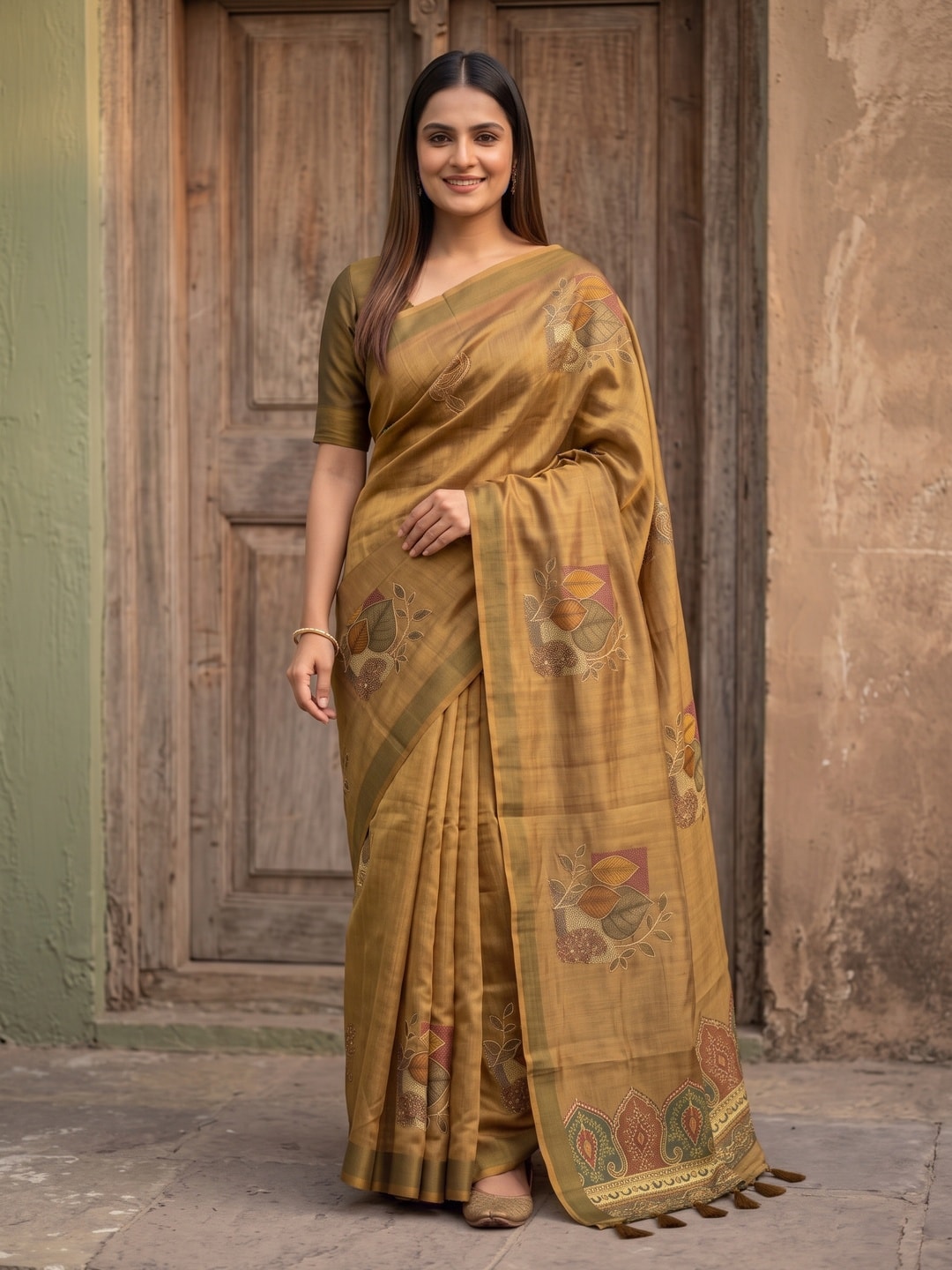 Peachmode Mustard Fruit Patch Erode Silk Digital Print Saree With Aari Work And Tassels - Image 1