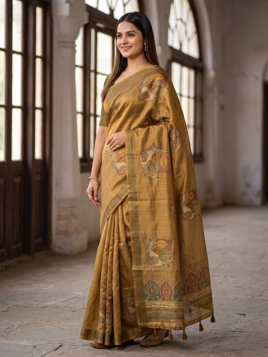 Peachmode Mustard Fruit Patch Erode Silk Digital Print Saree With Aari Work And Tassels - Image 2