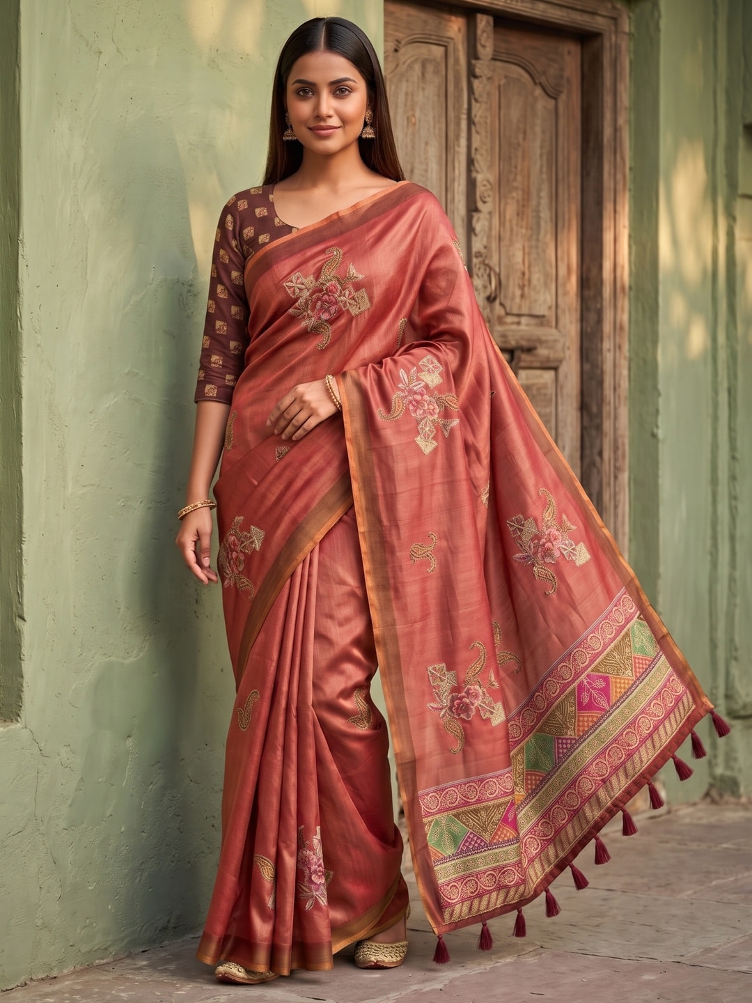 Peachmode Coral Rose Patch Erode Silk Digital Print Saree With Aari Work And Tassels - Image 1