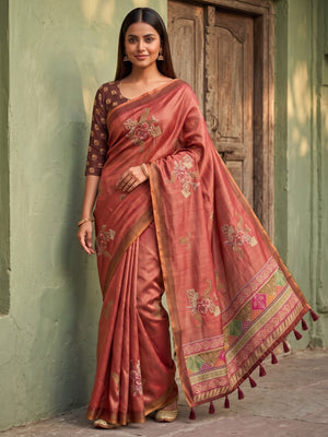 Peachmode Coral Rose Patch Erode Silk Digital Print Saree With Aari Work And Tassels - Image 1