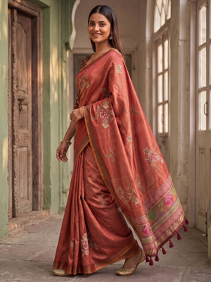 Peachmode Coral Rose Patch Erode Silk Digital Print Saree With Aari Work And Tassels - Image 2
