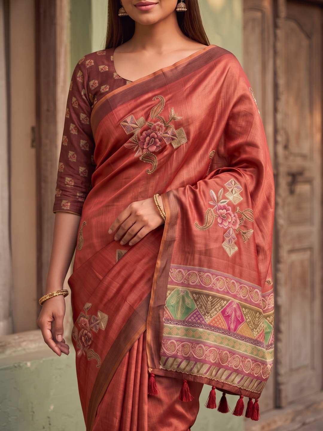 Peachmode Coral Rose Patch Erode Silk Digital Print Saree With Aari Work And Tassels - Image 3