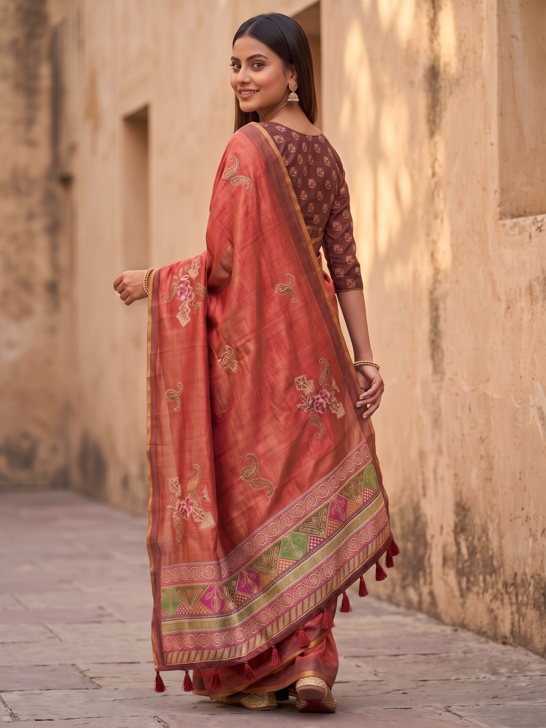 Peachmode Coral Rose Patch Erode Silk Digital Print Saree With Aari Work And Tassels - Image 4
