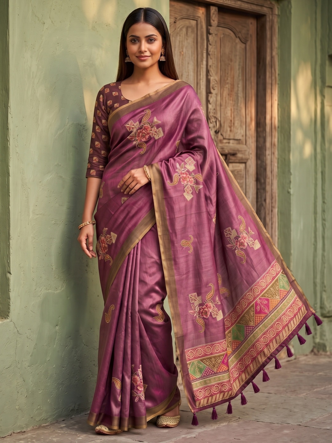 Peachmode Magenta Rose Patch Erode Silk Digital Print Saree With Aari Work And Tassels - Image 1