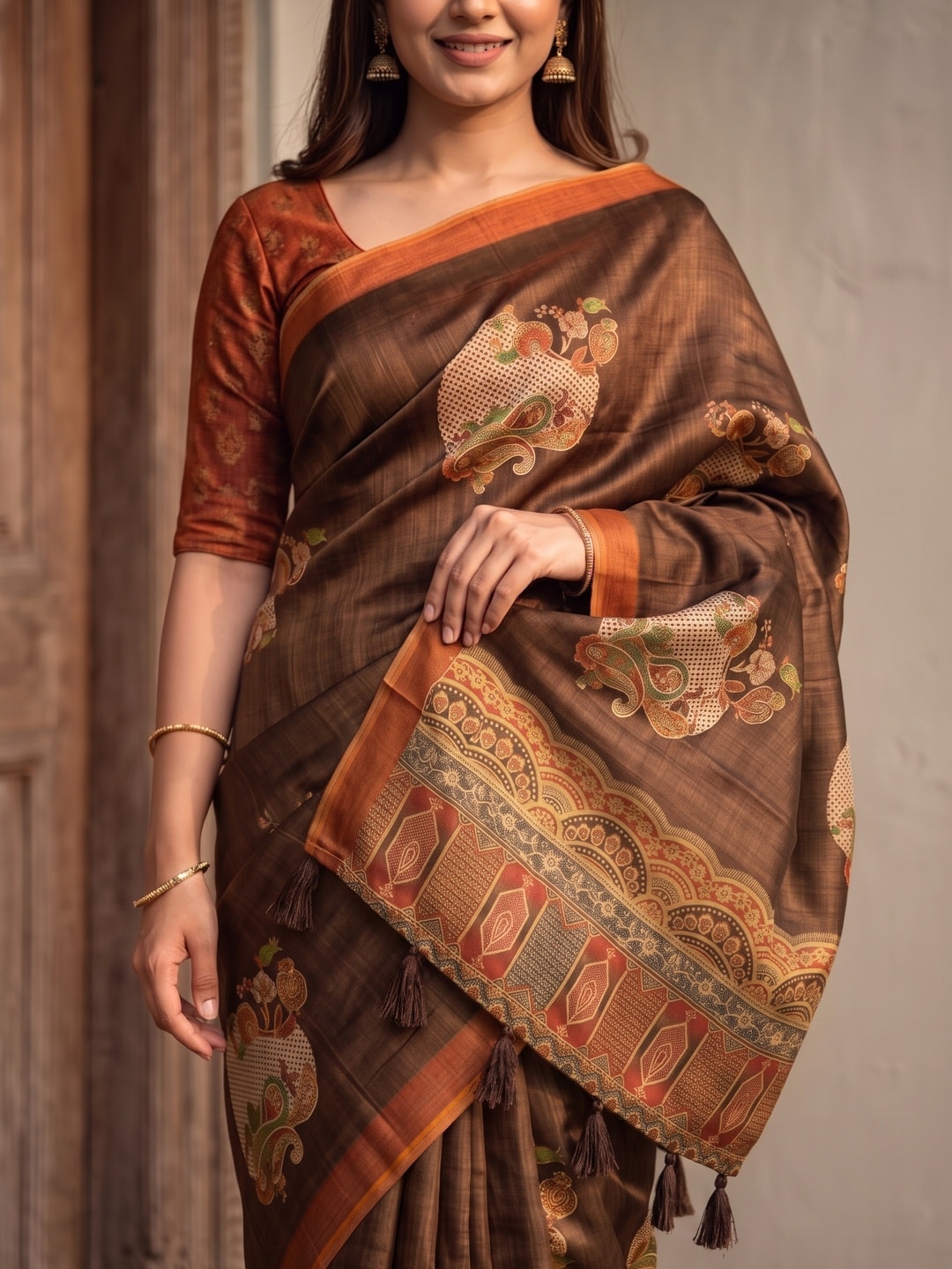 Peachmode Coffee Brown Floral Patch Erode Silk Digital Print Saree With Aari Work And Tassels - Image 3