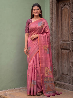 Peachmode Pink Square Patch Erode Silk Digital Print Saree With Aari Work And Tassels - Image 1