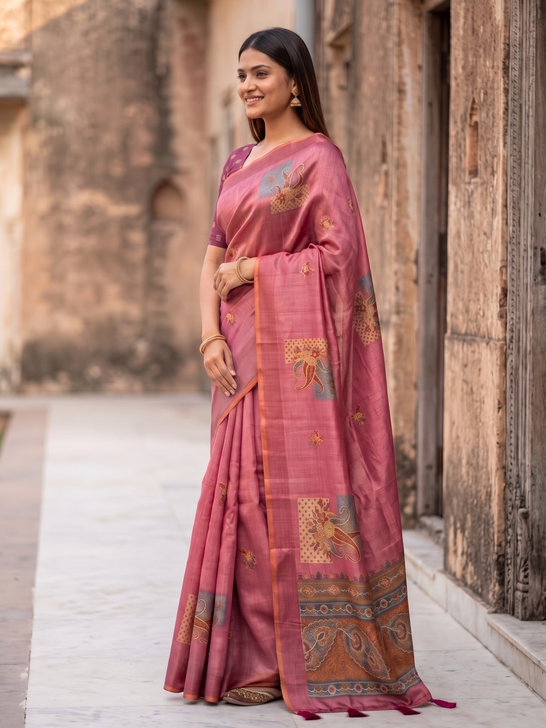 Peachmode Pink Square Patch Erode Silk Digital Print Saree With Aari Work And Tassels - Image 2