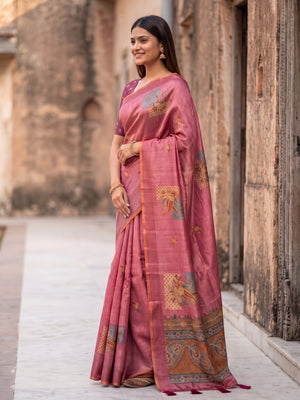 Peachmode Pink Square Patch Erode Silk Digital Print Saree With Aari Work And Tassels - Image 2