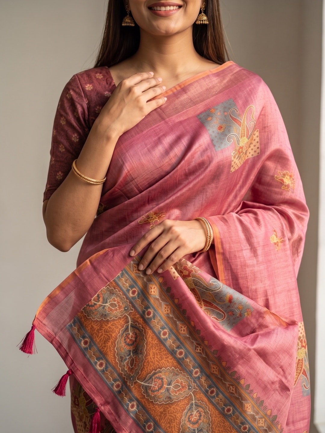 Peachmode Pink Square Patch Erode Silk Digital Print Saree With Aari Work And Tassels - Image 3