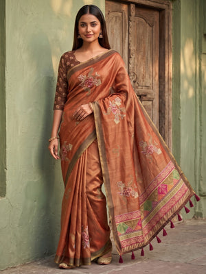 Peachmode Rust Rose Patch Erode Silk Digital Print Saree With Aari Work And Tassels - Image 1