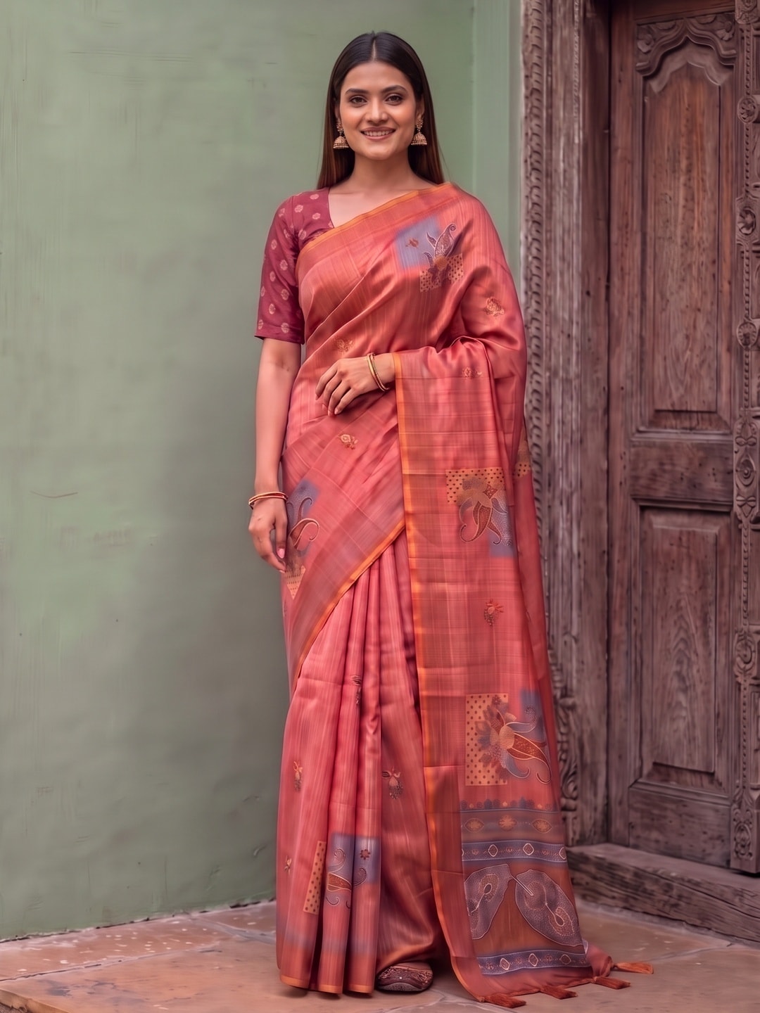 Peachmode Peach Square Patch Erode Silk Digital Print Saree With Aari Work And Tassels - Image 1