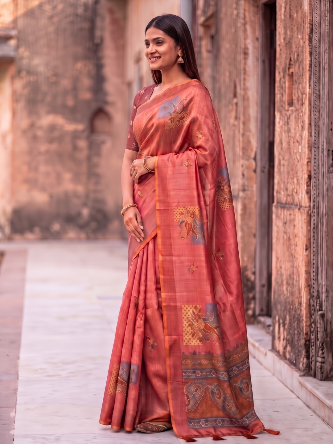 Peachmode Peach Square Patch Erode Silk Digital Print Saree With Aari Work And Tassels - Image 2