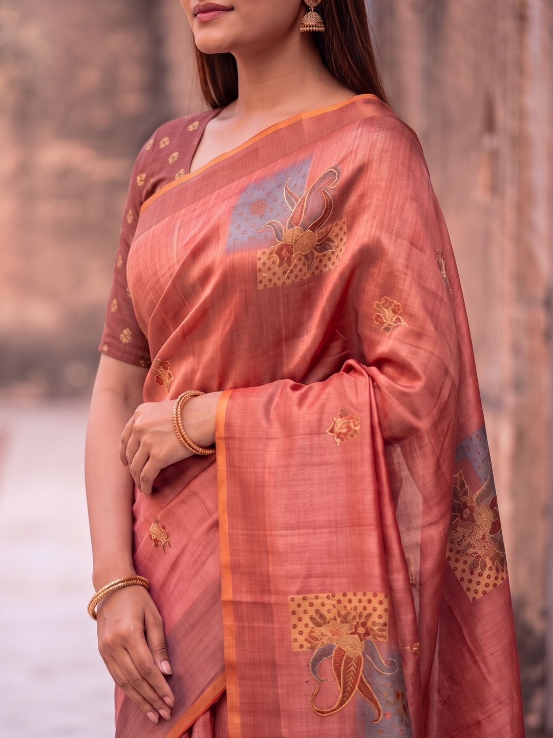 Peachmode Peach Square Patch Erode Silk Digital Print Saree With Aari Work And Tassels - Image 3