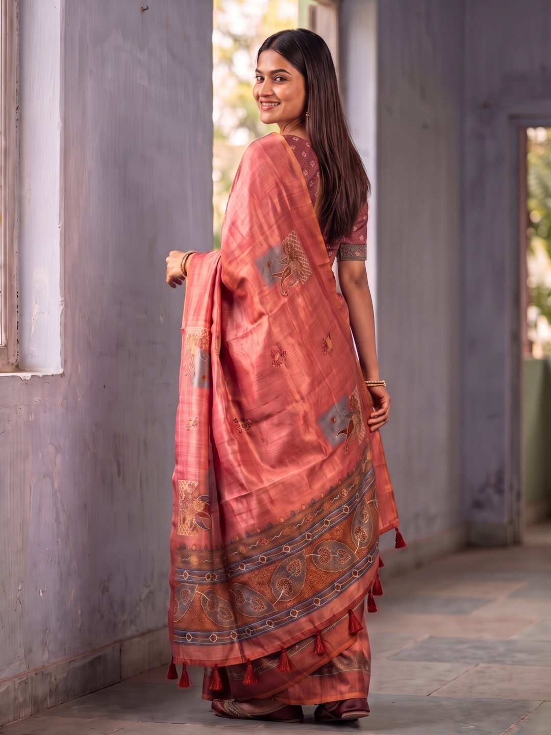Peachmode Peach Square Patch Erode Silk Digital Print Saree With Aari Work And Tassels - Image 4