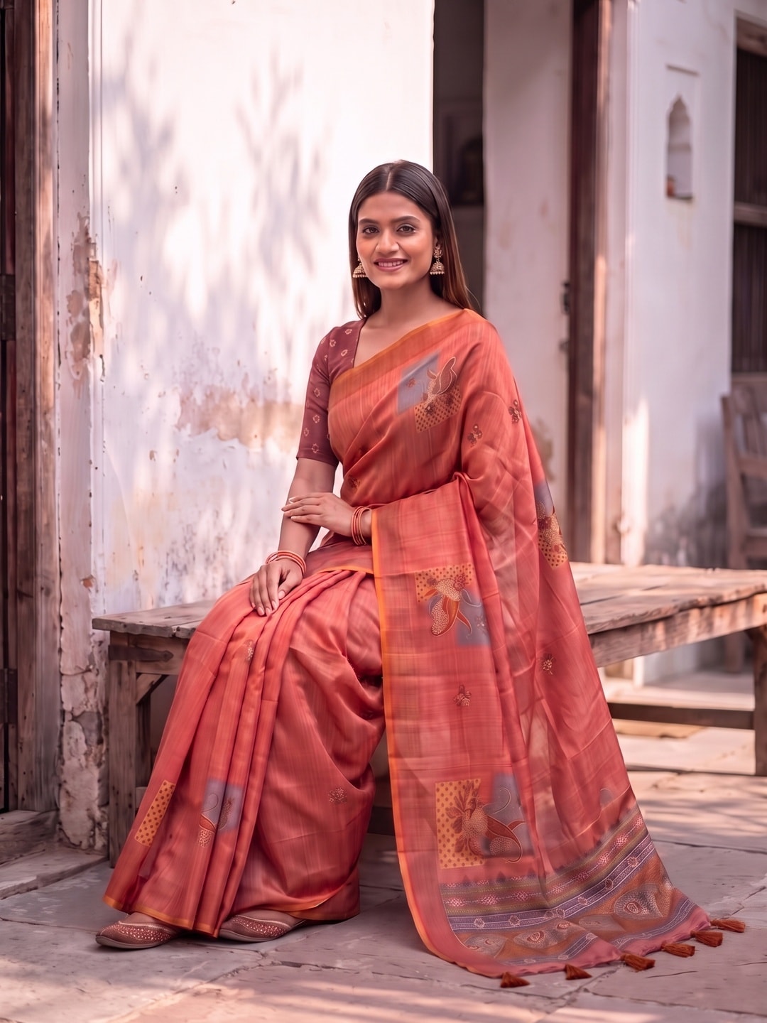 Peachmode Peach Square Patch Erode Silk Digital Print Saree With Aari Work And Tassels - Image 5