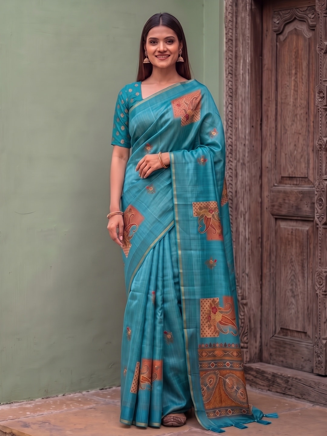 Peachmode Turquoise Square Patch Erode Silk Digital Print Saree With Aari Work And Tassels - Image 1