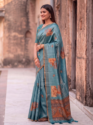 Peachmode Turquoise Square Patch Erode Silk Digital Print Saree With Aari Work And Tassels - Image 2