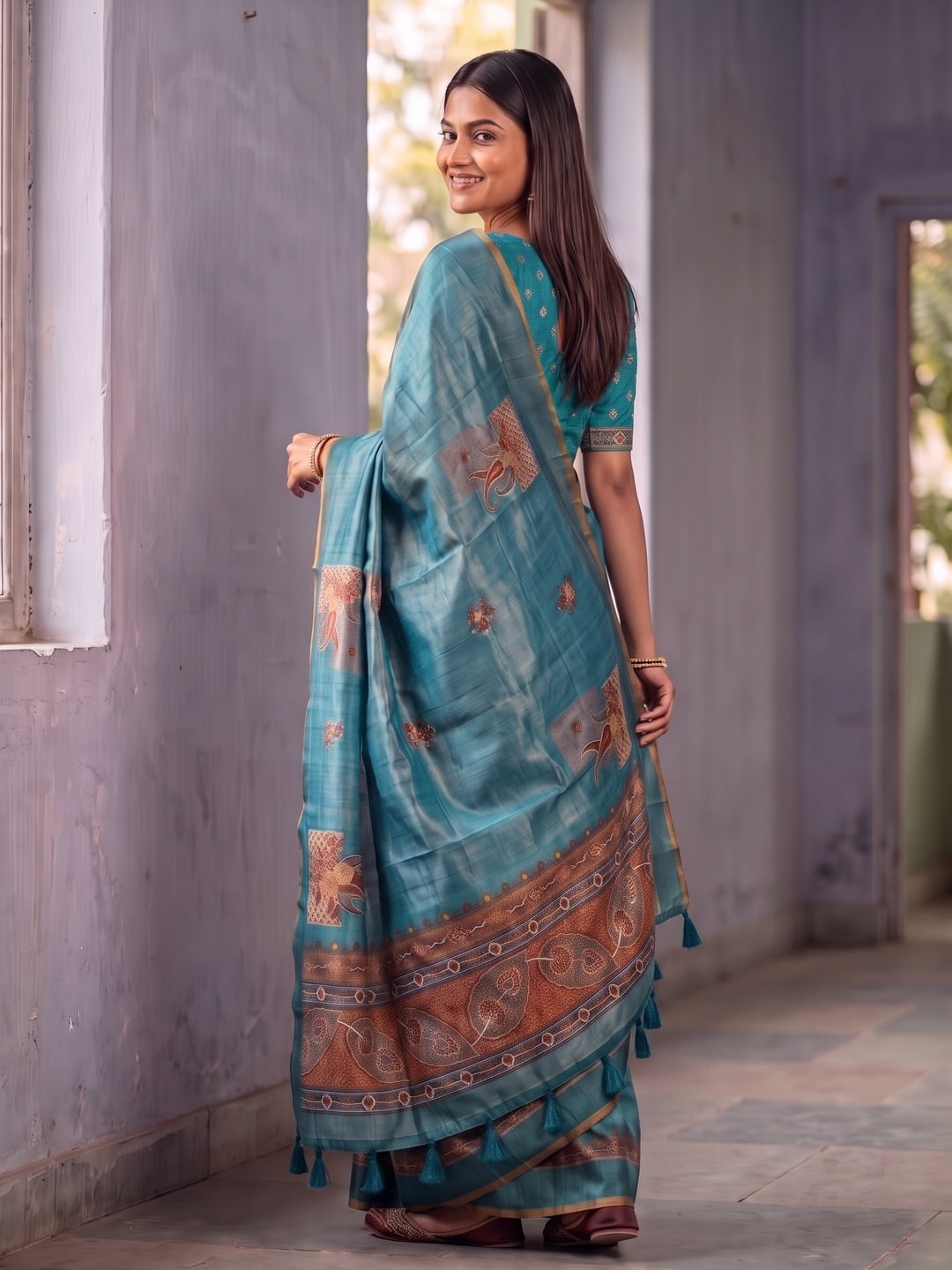 Peachmode Turquoise Square Patch Erode Silk Digital Print Saree With Aari Work And Tassels - Image 4
